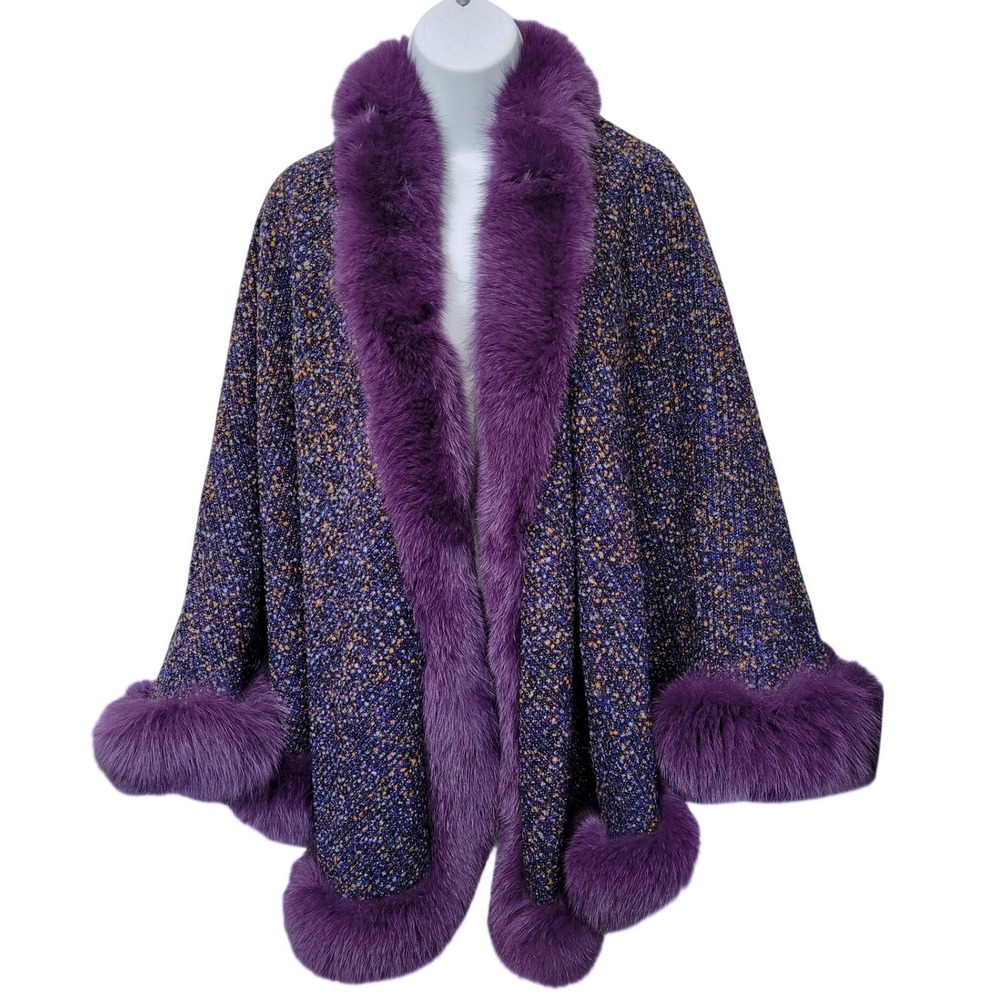 Volare New York Cape Womens  Bouclé Tweed Purple  Fox Fur Trim Metallic Thread